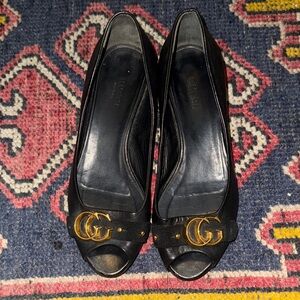 Gucci Black Heels with Gold Logo Detail